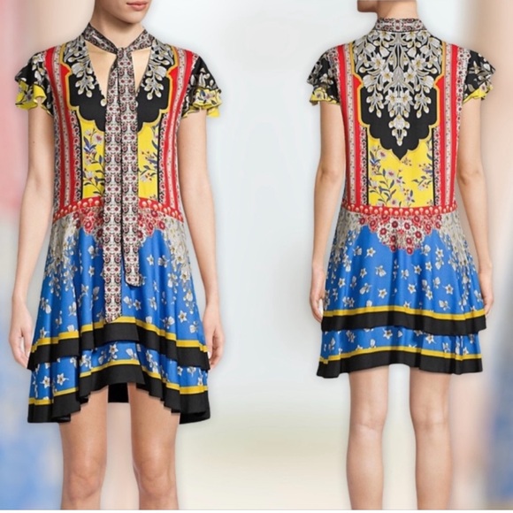 NWT Alice + Olivia Moore Floral Tie-Neck Layered Flutter Sleeve Tunic Dress XS - Picture 2 of 9